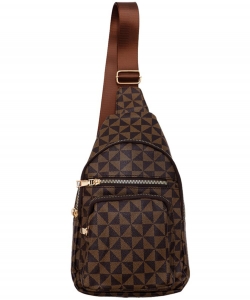 Triangle Checkered Designer Inspo Saffiano PU Leather Triple Zippered Shoulder Sling Bag 1213-441 BROWN